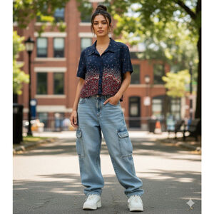 VINTAGE Cottagecore Vanessa Stevens Cropped Navy and Floral Blouse Size L